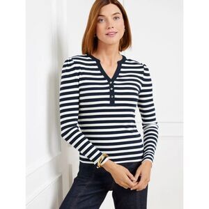 NWT TALBOTS Royal Stripe Ribbed Henley Tee Blue Cream White Large